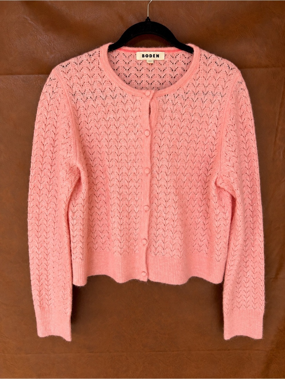 Boden Pink Mohair Wool Blend Pointelle Knit Cardigan Sweater Women’s L